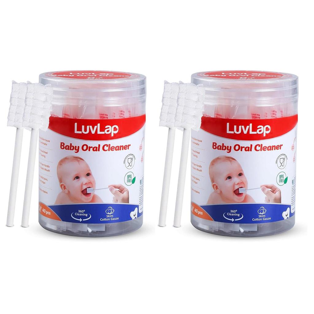 LuvLap Oral Care Disposable Mouth Swabs For Baby Tongue And Gum Cleaning, 3D Wave Gauze, 2 Packs Of 2 40pcs, Soft Handle