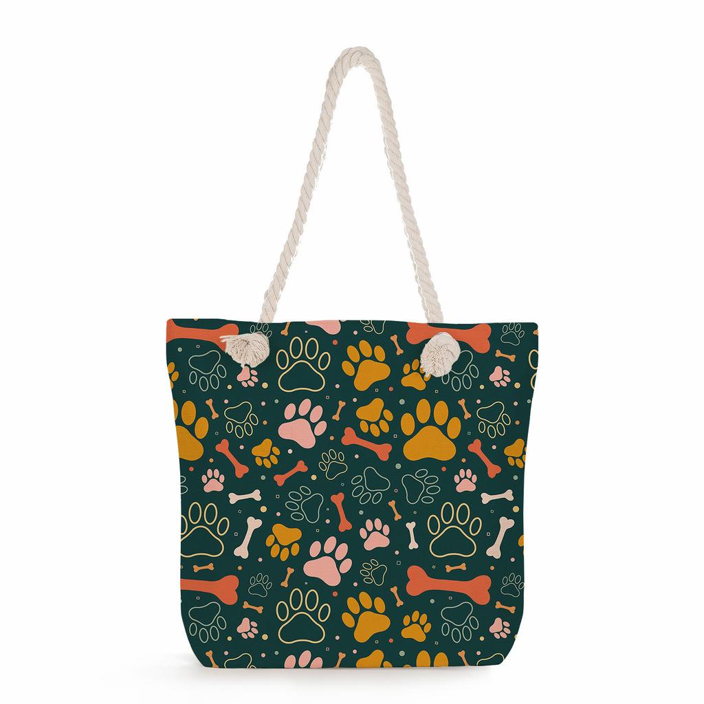 Multifunctional Dog Paws Printed Thick Rope Shoulder Beach Bag Casual Large Capacity Handbag 7601