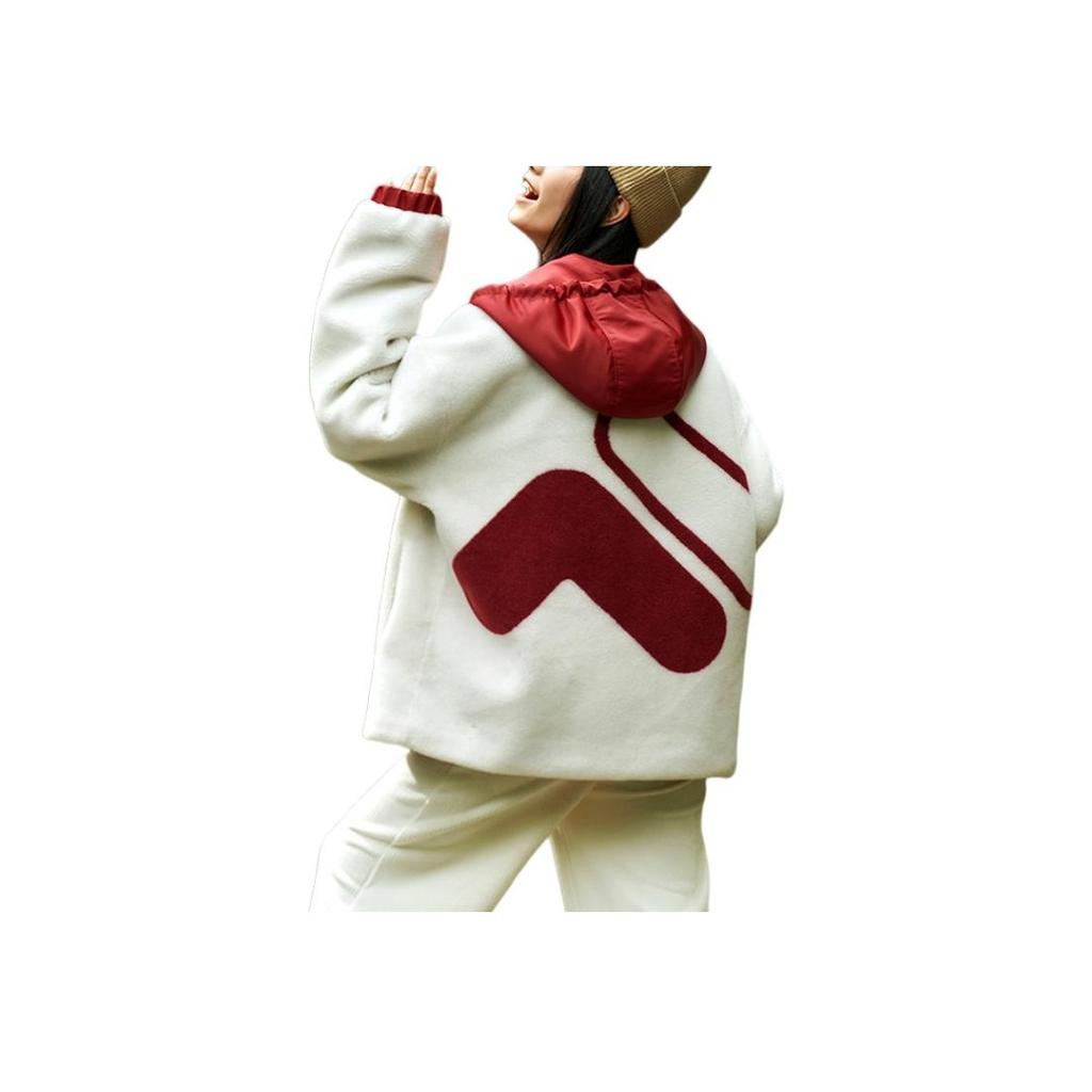 Fila Color Block Drawstring Hooded Simple Casual Faux Lamb Wool Jacket Men Jackets Cloud-Mushroom-White F11M249913F-WT