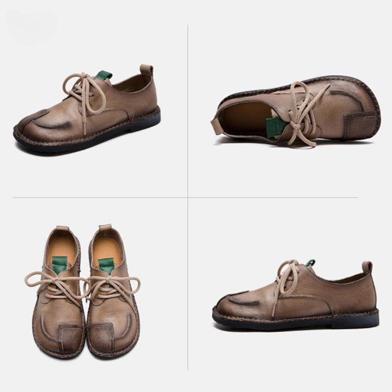 Johnature Damenschuhe aus echtem Leder mit weicher Sohle, Vintage-Stil, runde Spitze, Schnürung, vielseitige, bequeme, flache Schuhe