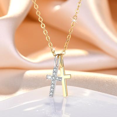 Korean Version of The Two-color and Cross-shaped Necklace Simple and Niche Design Inlaid with Micro Zircon Clavicle Chain