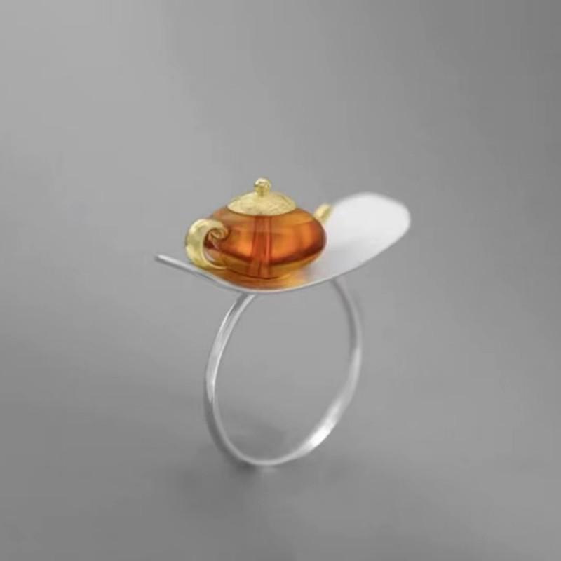 Retro Chinese S925 Silver Teapot Ring with Tea Culture Design