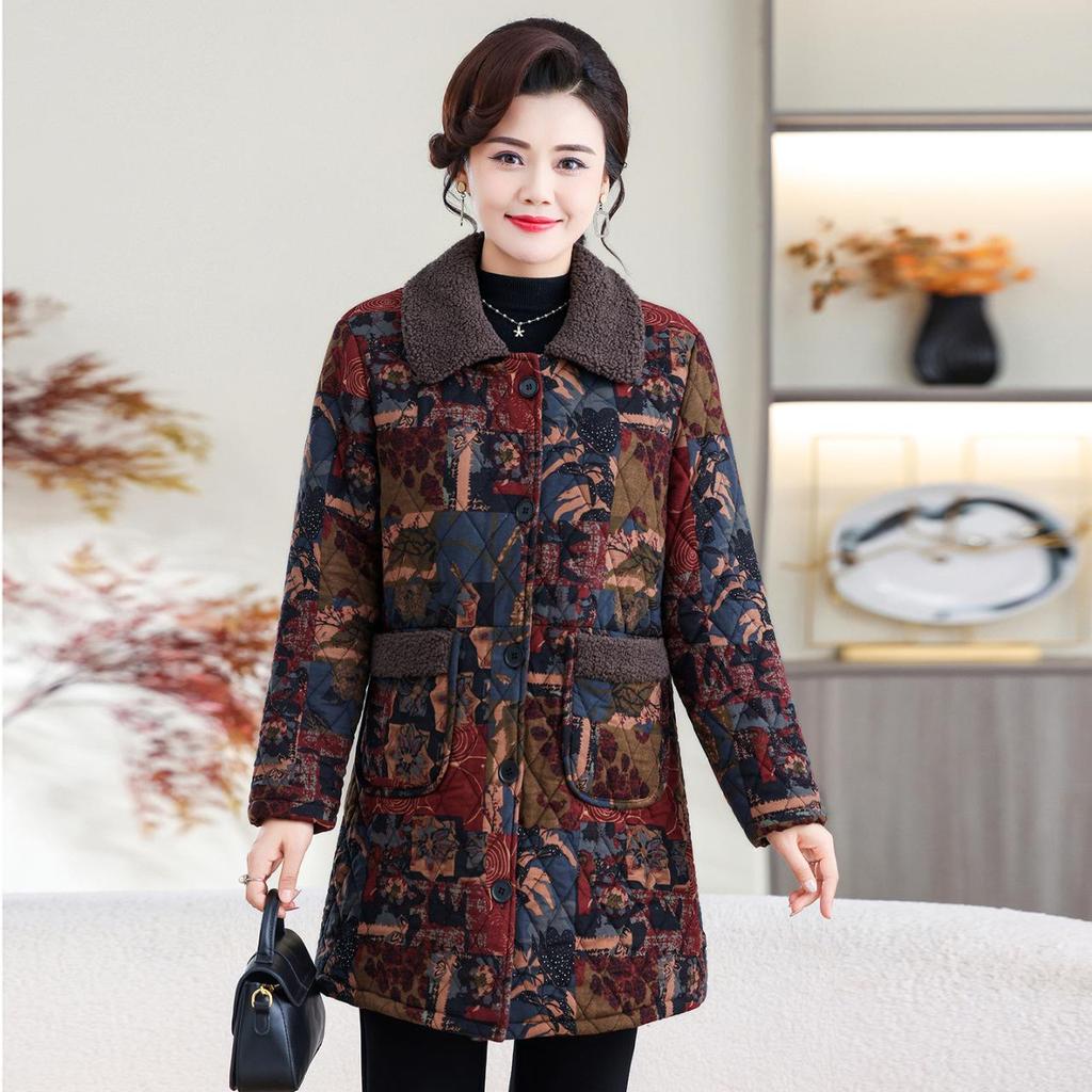 Autumn/Winter 2025 Mid-Length Plus Velvet Cotton Jacket for Stylish Middle-Aged and Elderly Women
