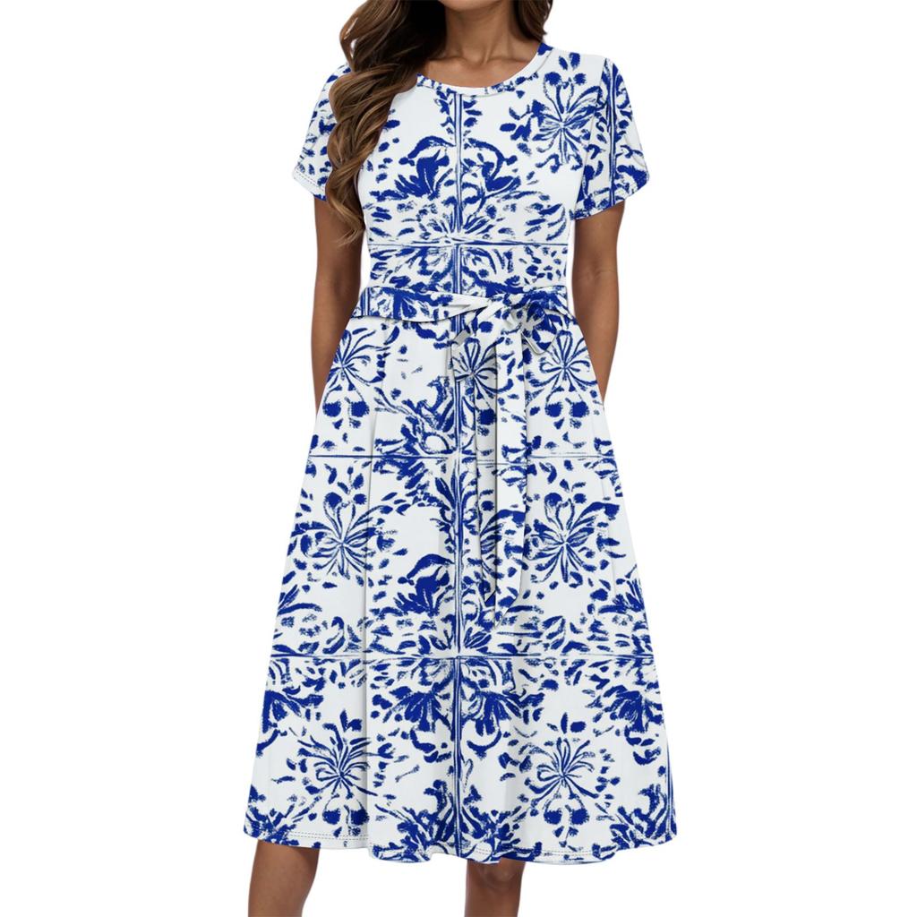 Women's Summer Fashion Round Neck Casual Plant Floral Print Short Sleeve Dress