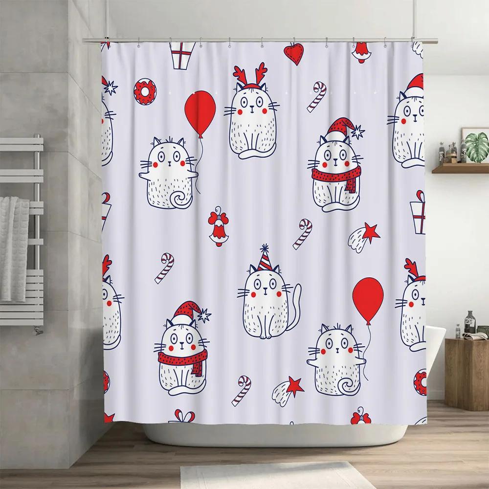 Christmas-themed shower curtain featuring cartoon cats with candy canes and balloons perfect for bathroom decor during holiday s