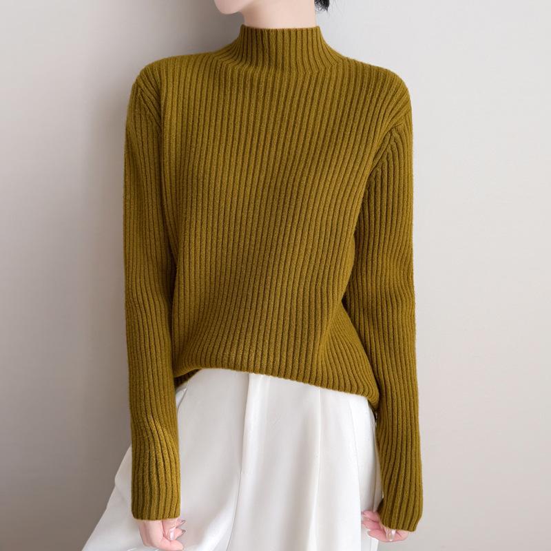 

Новый тип женского вязаного свитера на осень и зиму с полувысоким воротником и полосатым базовым слоем XL горчичный