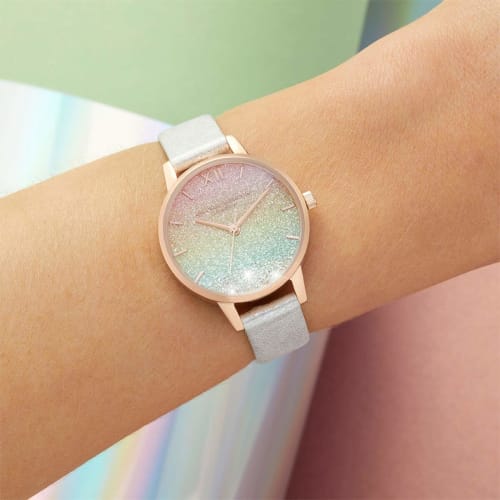 Authorized Retailer: OLIVIA BURTON Women's Watch OB16EX228 Rainbow Wishing Wave Shimmer Pearl & Rose Gold Leather Strap