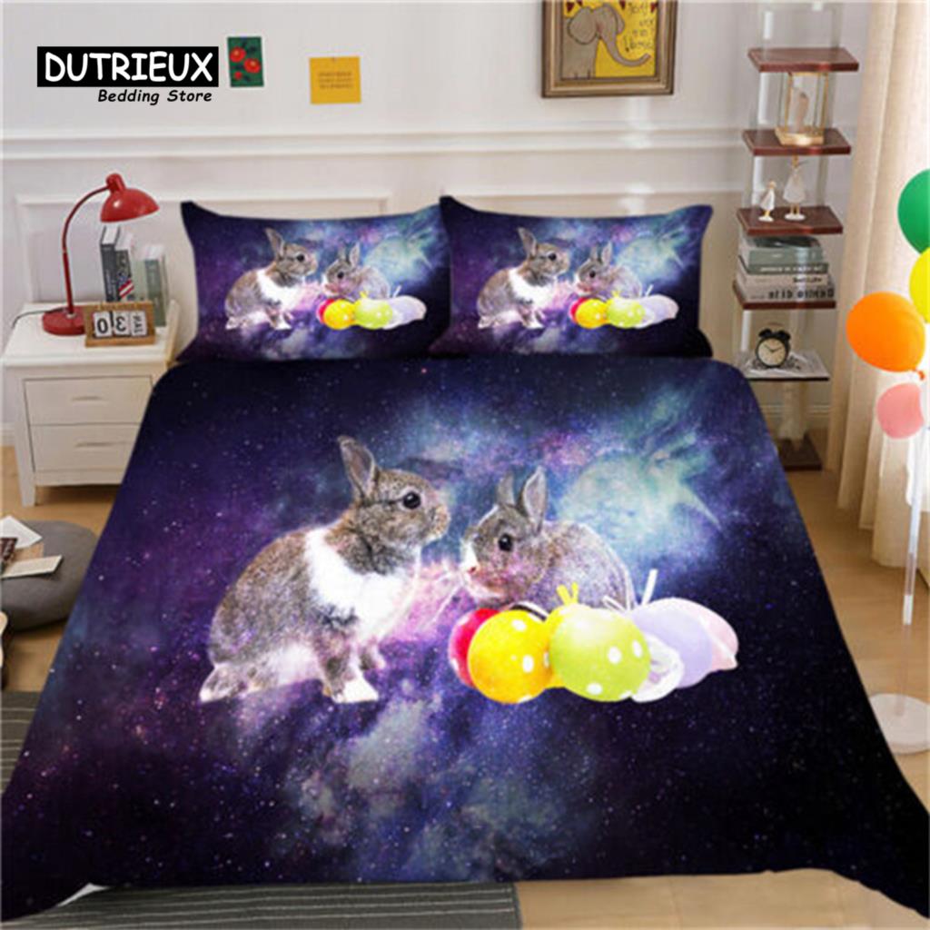 Bunnies Duvet Cover Mushroom Floral Bedding Set Cute Animal Rabbit Quilt Cover Twin Size Greetings and Presents for Easter Day