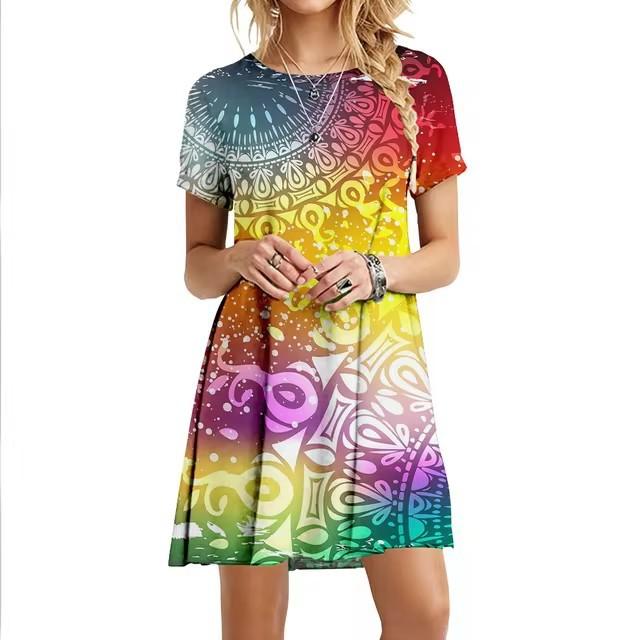 Summer Women s Classic 3D Digital Printing Skirt Fashion Short Sleeve Casual O Neck Dress S