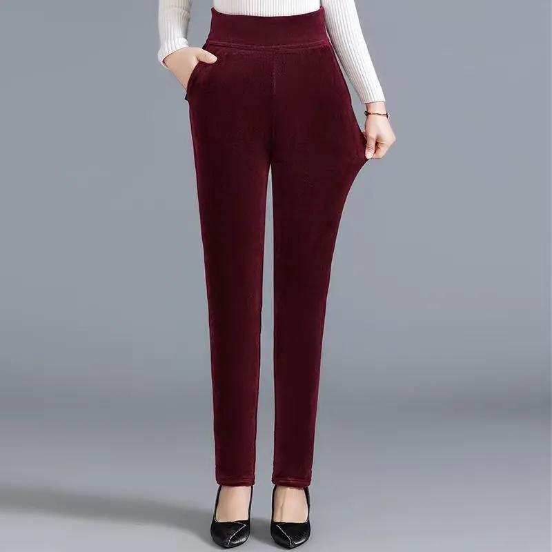 Calças de Veludo Inverno Feminino Sólido Grosso Cintura Alta Soltas Roupa Exterior Elástico Térmico Retrô Lápis