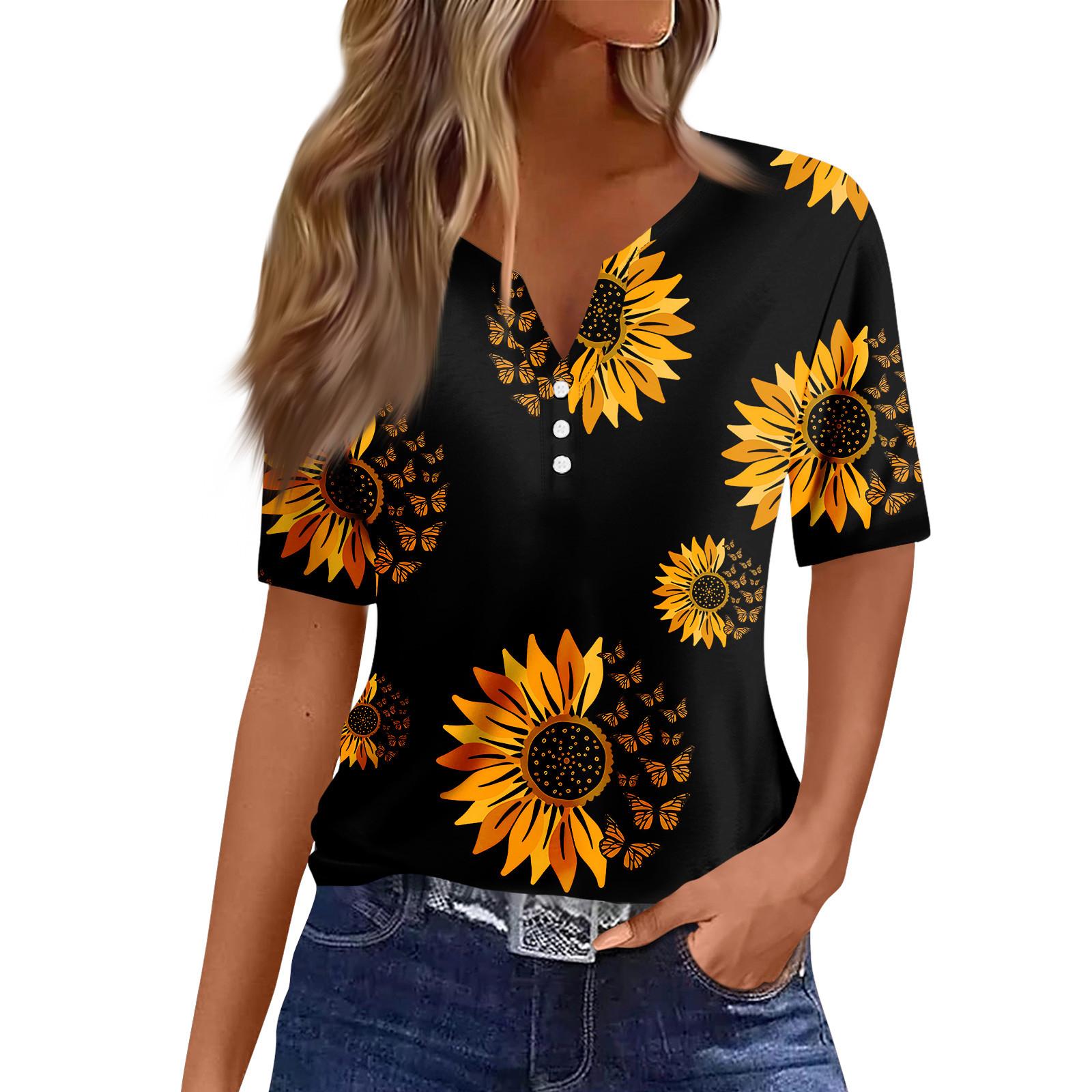 

Women s Casual Printed V-neck Short Sleeved Decorative Button T-shirt Top XXXL шафрановый