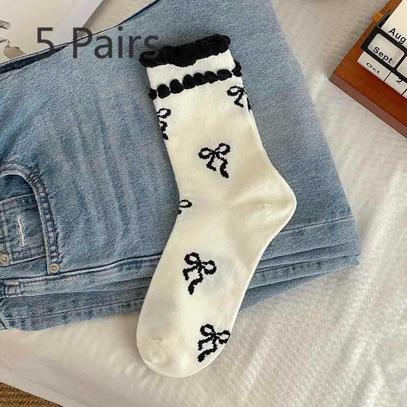 5 Pairs of Female Spring and Summer New Sweet Fashion Ballet Wind Bow In Tube Socks