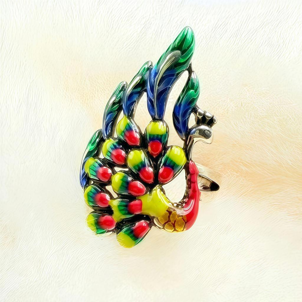 Chinese Style Adjustable Blue Enamel Peacock Ring for Couples