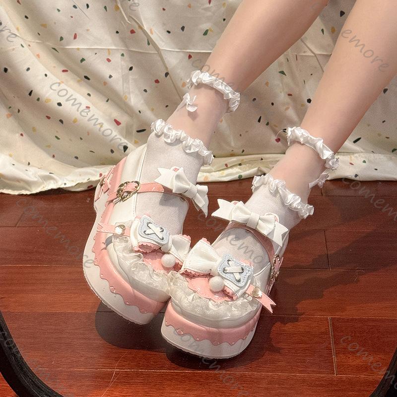 Comemore Platform Lolita Wedge Mary Janes Shoes for Women Autumn New Round Toe Colorblock Bow Ankle Buckle Pumps Single Shoes