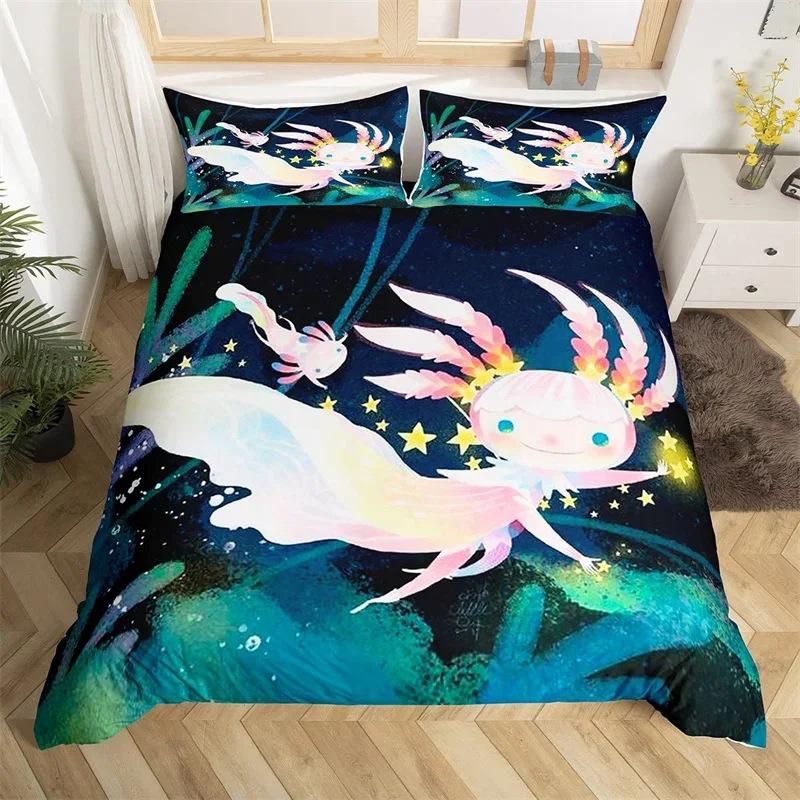 Cartoon Salamander Bedding Set, Maple Leaf Duvet Set, Microfiber Marine Life Three-Piece Set.
