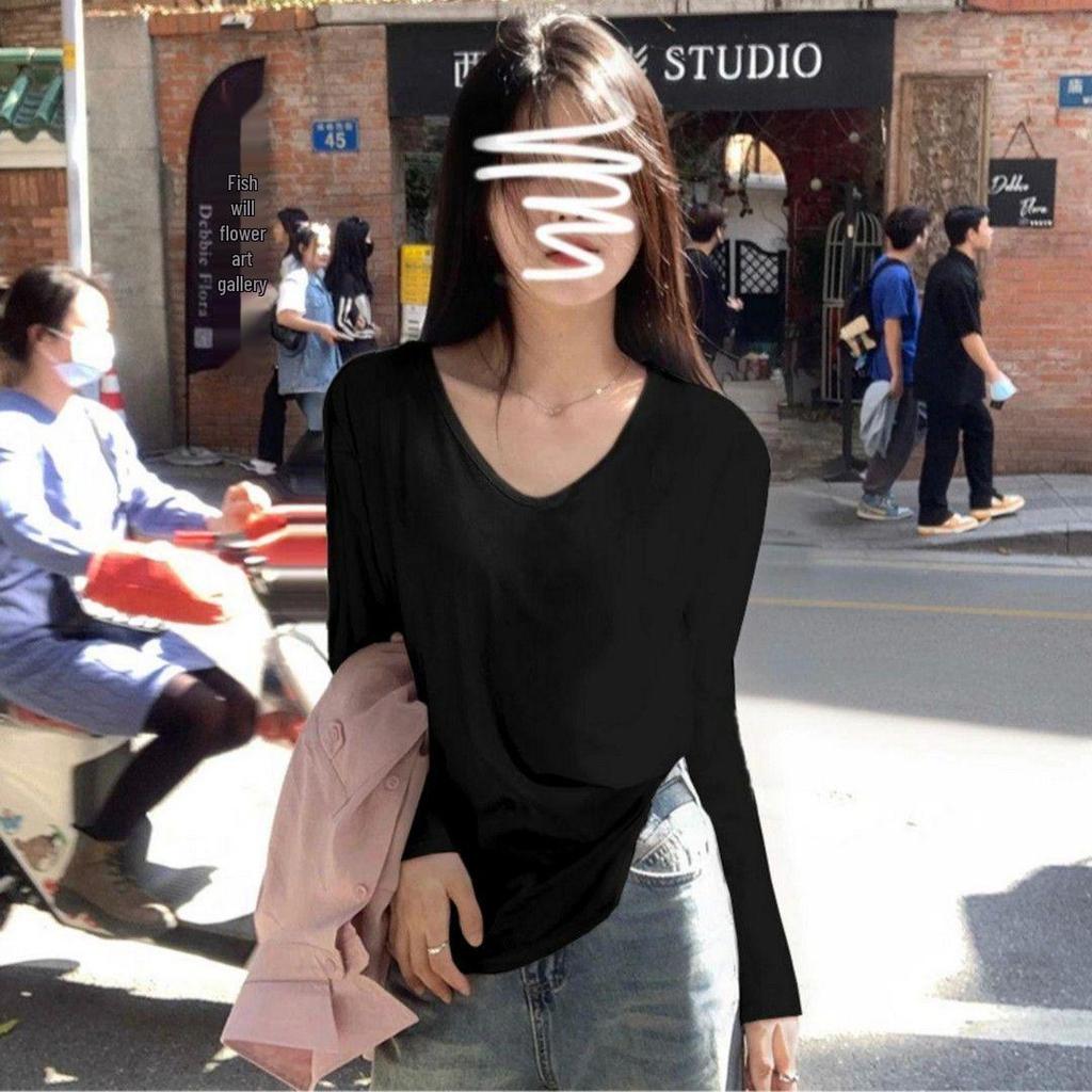 Damen V-Ausschnitt Schlanke Passform Lockeres Design Herbst Unterhemd T-Shirt