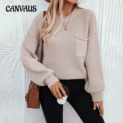 Autumn and Winter Women's Sweater Round Neck Loose Pocket Knit Lantern Sleeve Sweater