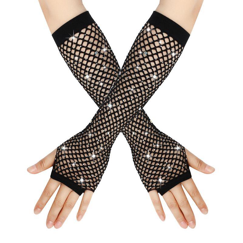 

80 Ball Diamond Gloves Party Fishnet Stretch Mesh Gloves Retro Sexy Hot Drilling Long Black 5XL