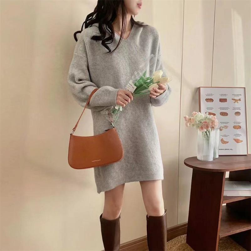 Temperament Medium and Long Hooded Knitted Sweater Top Women's Autumn and Winter New Loose and Thin Solid Color Pullover Sweater Women