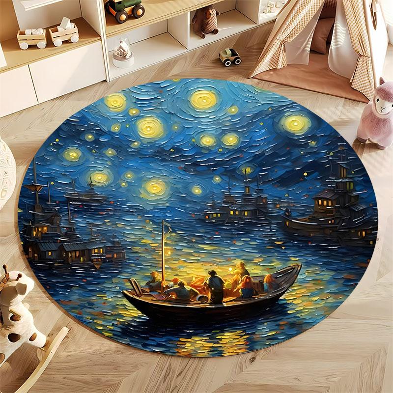 Starry Night Boat Ride Artistic Round Carpet for Living Room round carpet for home sofa bedroom, gift