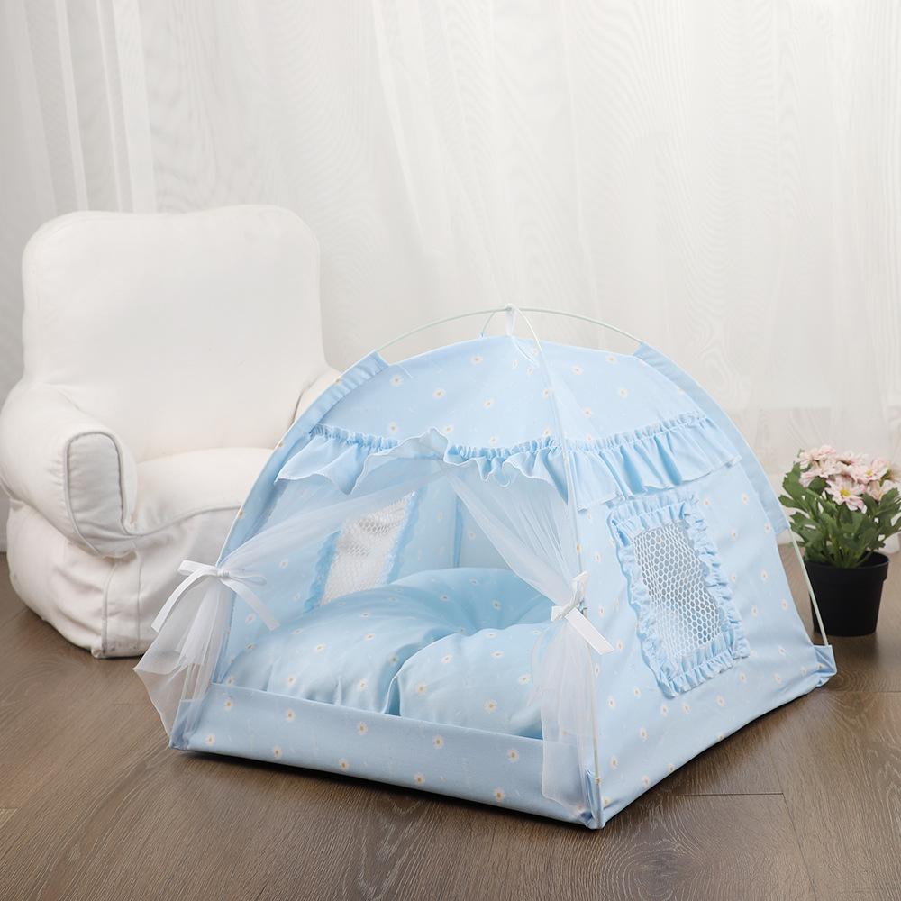 Halbgeschlossenes Zelt für Haustiere, atmungsaktiv, Katzenhütte, Hundehütte, Outdoor, blaues Blumenzelt, faltbar