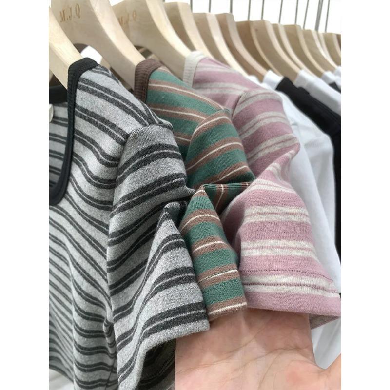 Right Shoulder Striped Square Neck Short-sleeved T-shirt for Women Summer New Slim Fit Sweet and Spicy Temperament Versatile Short Top