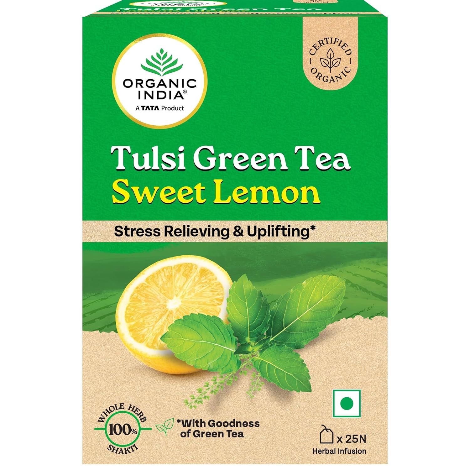Organic India Tulsi Sweet Lemon Tea 25 Tea Bags Refreshing Herbal Green Tea Infusion