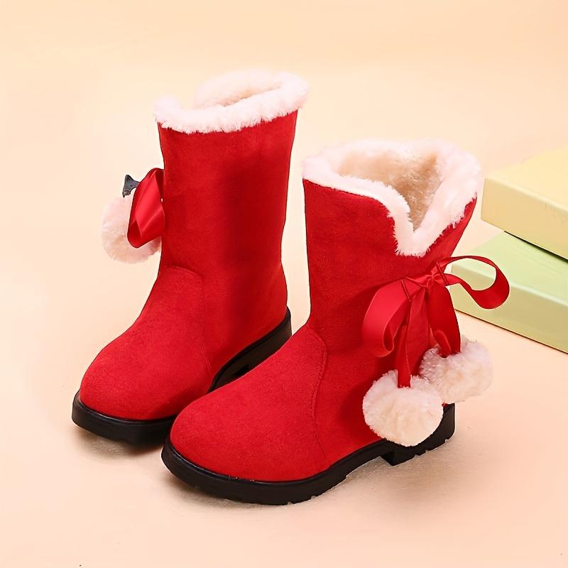 Girls Winter Snow Boots Fleece Lining Round Toe Striped Pattern Zipper Closure Ankle High PVC Sole Fabric Insole Random Style Pink Black Red