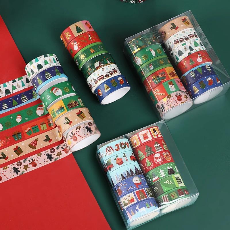 12 Rolls Cute Gold Foil Journal Decor Christmas Tape  Cartoon Holiday Design DIY Handcraft Stationery Supplies Washi Tape