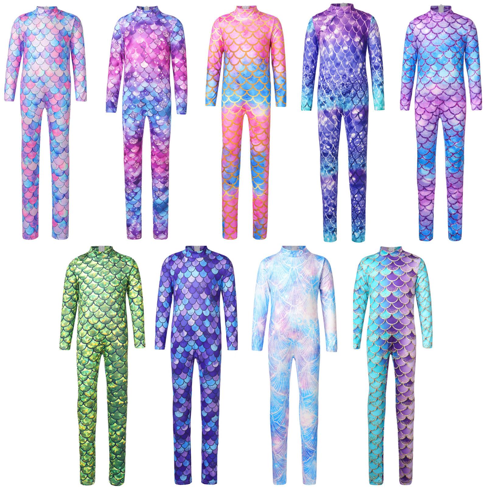 

Діти Дівчата Косплей Костюм Русалки Довгий рукав Риб яча луска Принт Русалка Комбінезон Рольовий комбінезон Боді 5-6 Years фіолетовий