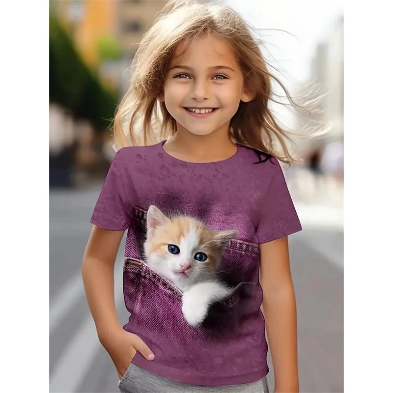 Vtipná dívčí trička Letní top s krátkým rukávem Kreslená zvířata Kočka 3D potisk Dívčí oblečení Ležérní trička