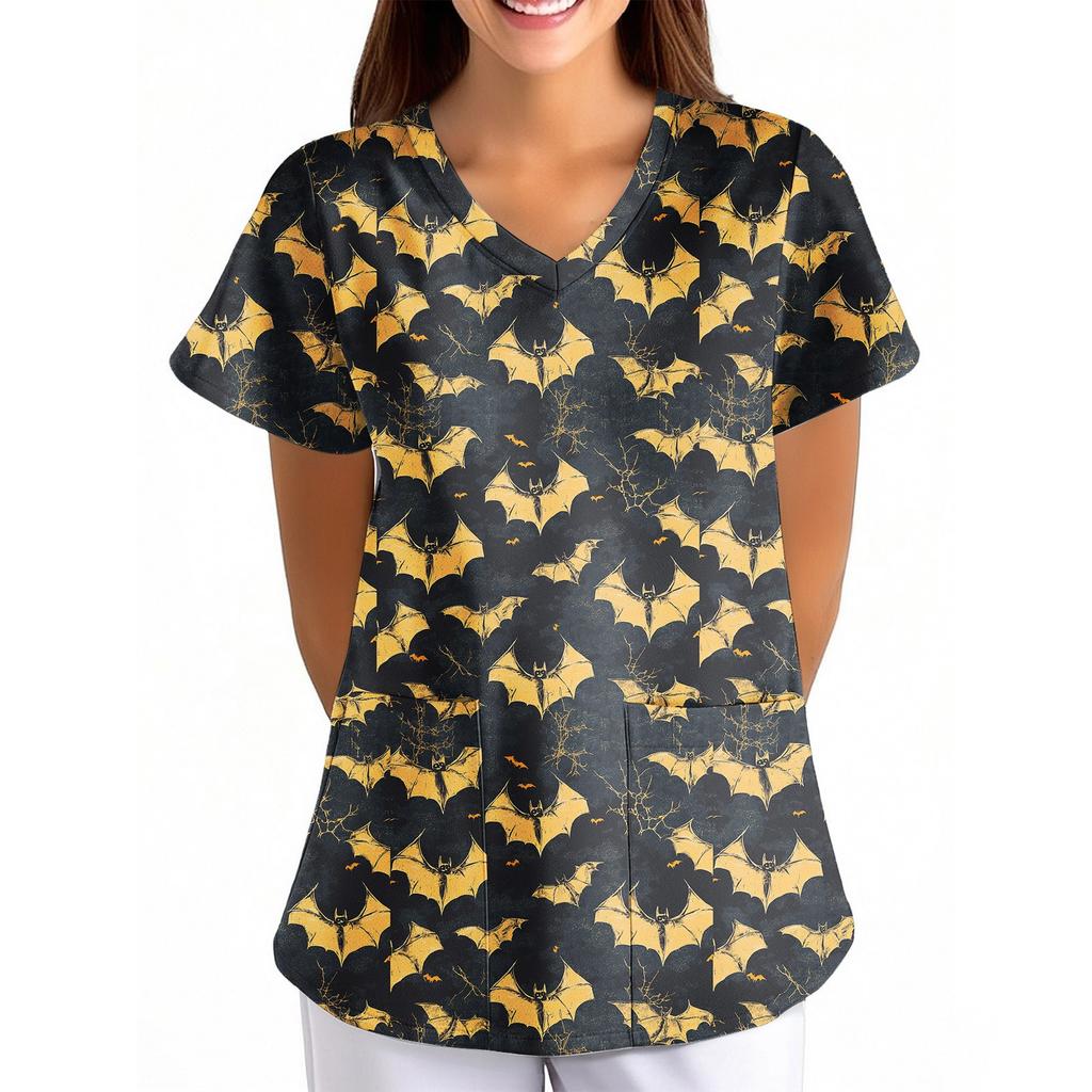 Women's Halloween Printed Loose V-Neck Pocket Short SleevUniform Uniform