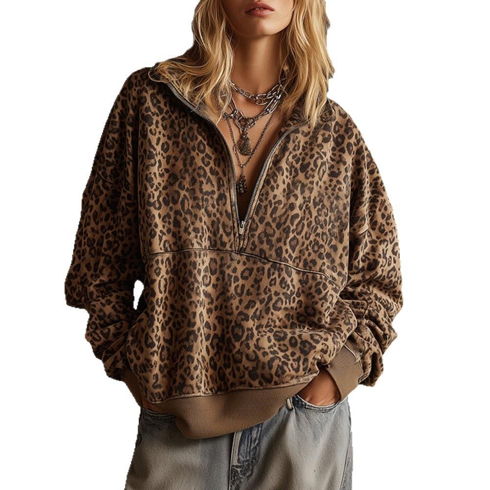 New Women's Fall Style Pullover with Flap Collar and Zipper, Retro Leopard Print, Loose Fit Hoodie