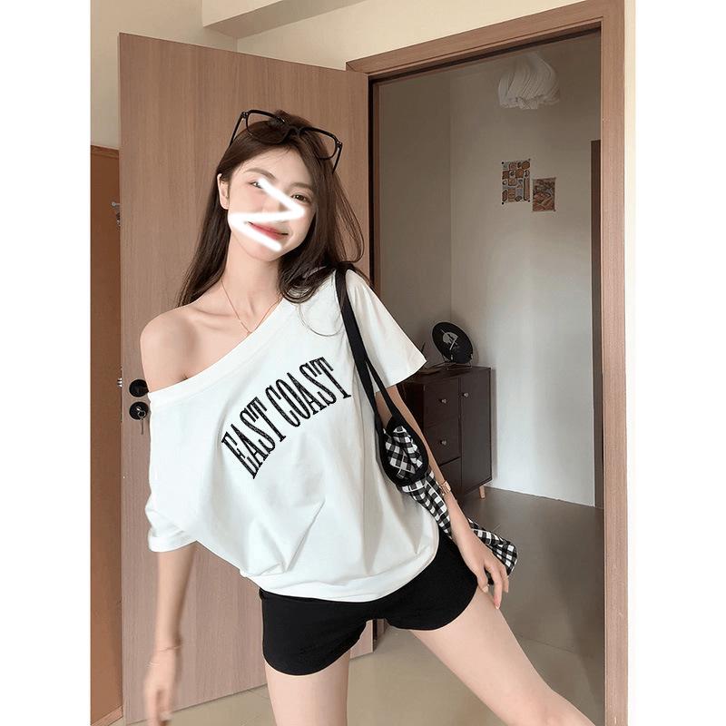 Summer 2025 American Retro One-Shoulder Spicy Girl Loose Cotton Tee Extra Large