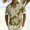 Men's Polynesian Tribal Floral Print Short Sleeve Shirt, White Samoan Style Design Button Down for Spring Summer