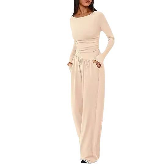 Asymmetrical Long-Sleeve T-Shirt & Wide-Leg Pants Casual Loungewear Set 2025 Autumn Collection
