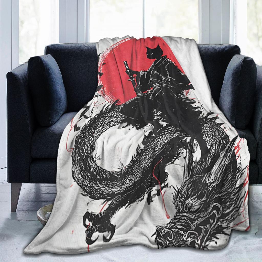 Ukiyo-e Samurai Japanese Ink Art Cat Fashion Blanket Flannel Autumn Winter Vintage Artwork Multifunction Thin Throw Fashion Blanket Bedsprea