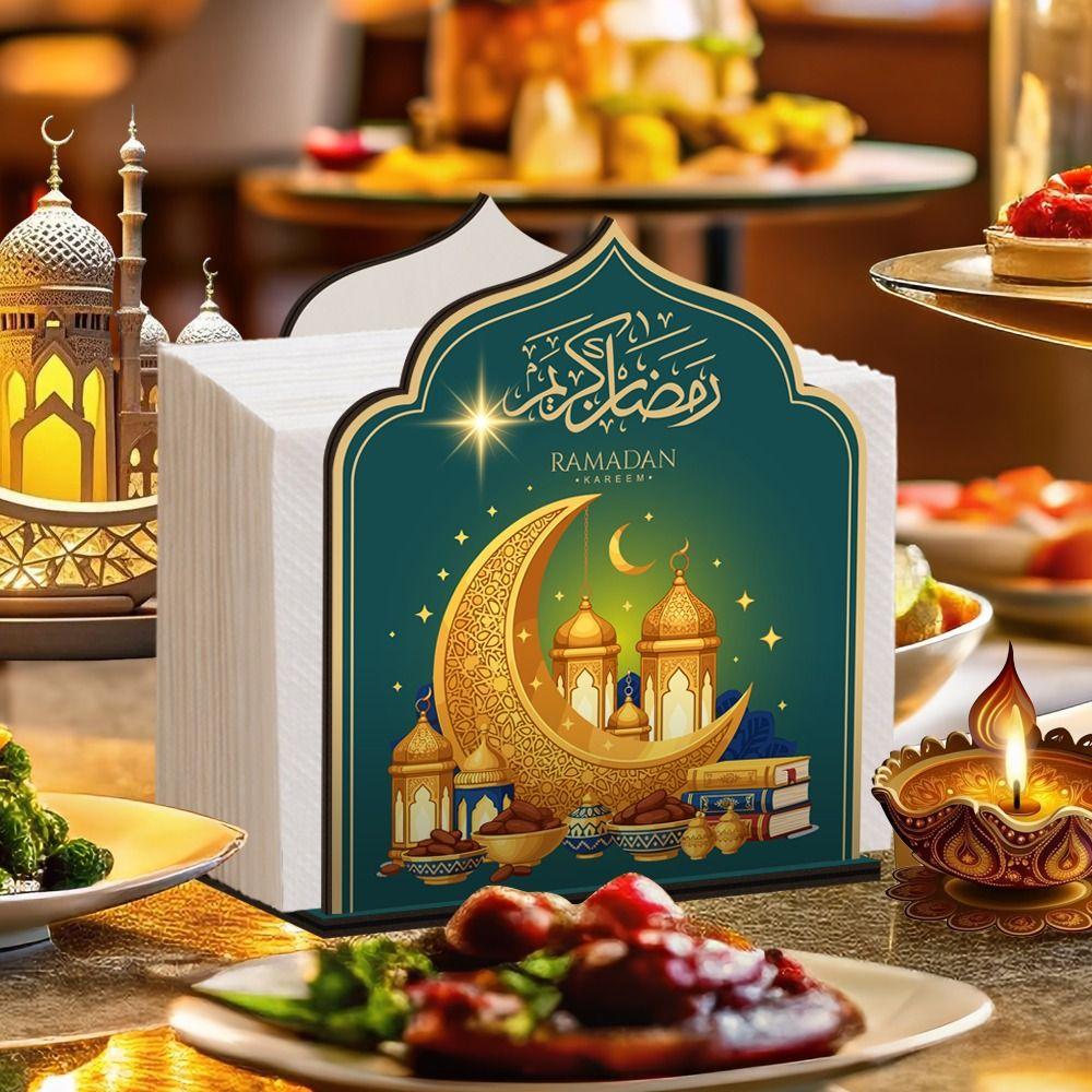 Wooden Eid Mubarak Tissue Box Decorative Large Capacity Tissue Storage Box Anti-slip Tissue Dispenser Eid Al Fitr Celebration