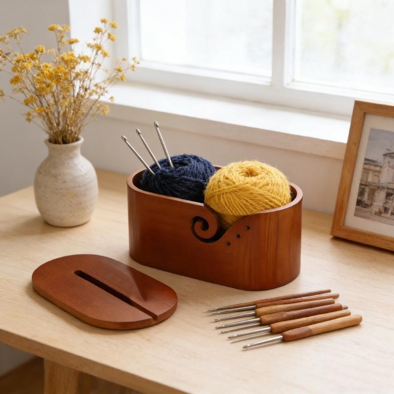 Oval Shape Wooden Knitting Bowl with Holes Multifunctional Yarn Holder with Lid for Crocheting Knitting Tool Storage