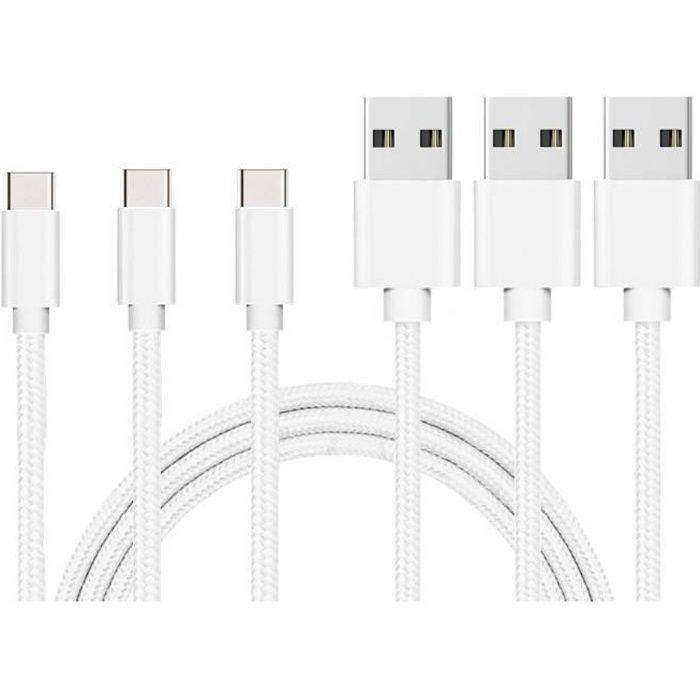 Cable USB-C pour Oppo A54 5G - OPPO A74 5G - OPPO A94 5G - Nylon Tressé Argent Blanc 1 Mètre [LOT 3] Phonillico®