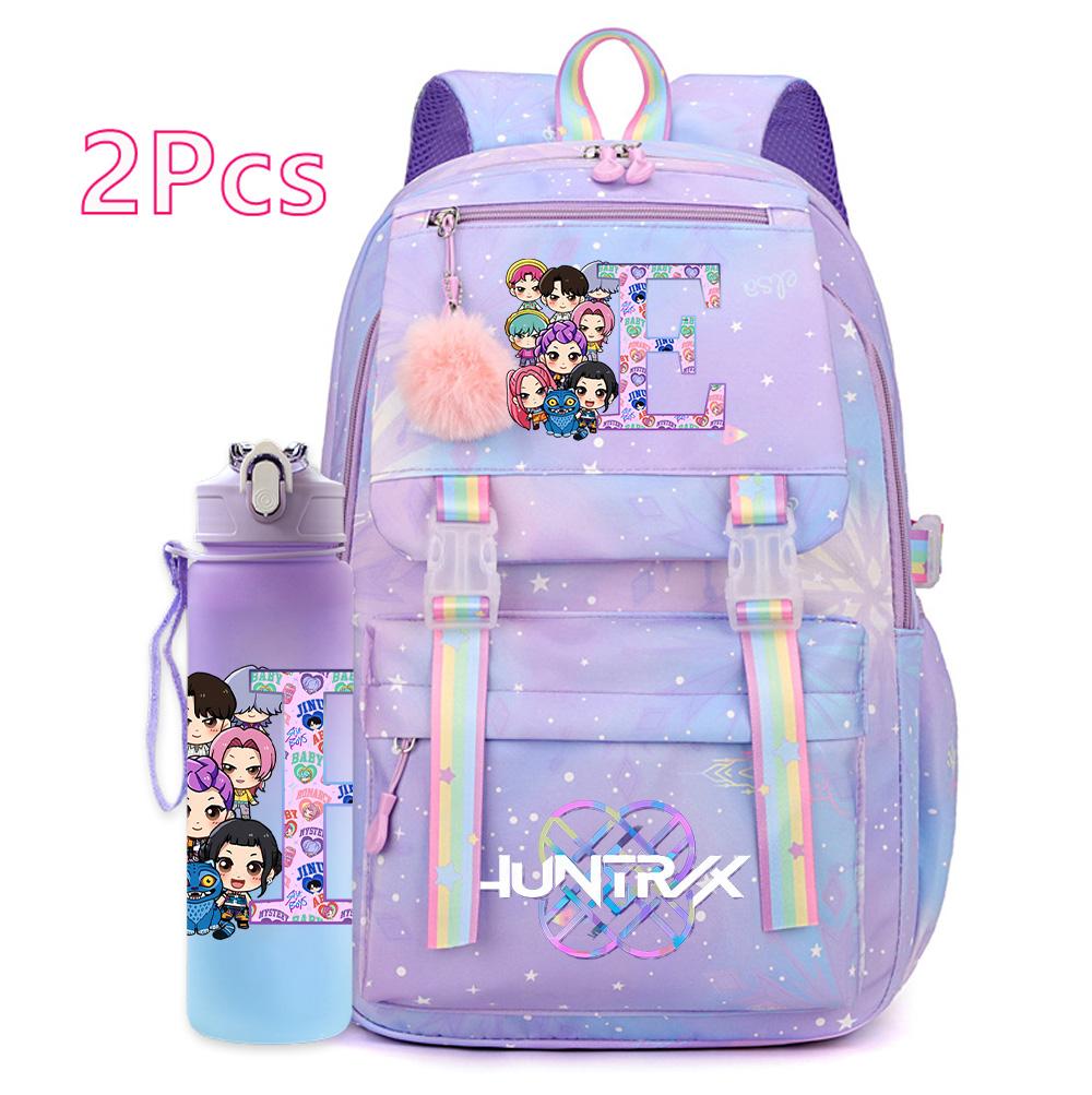 2Pcs/set New K-pop Printed Backpack 750Ml Water Bottler Large Capacity Travel Bag for Teenager Girl Boy Waterproof Bookbag Kid Gift Rucksak
