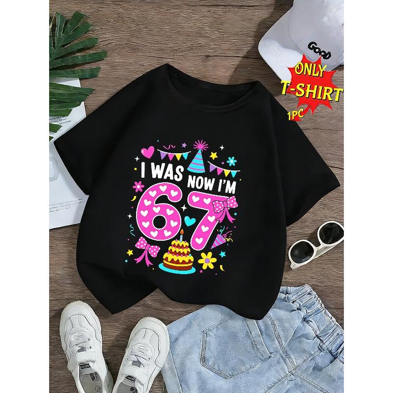 European Sizes Spring/Summer Girls' Fashion Short-Sleeve T-Shirt with Cartoon 67 Number Birthday Cake Print, Cute Kids' Casual Round-Neck Top