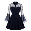 Women  Color Long Sleeve Retro Dress Gothic Flare Sleeve Stitching Dress