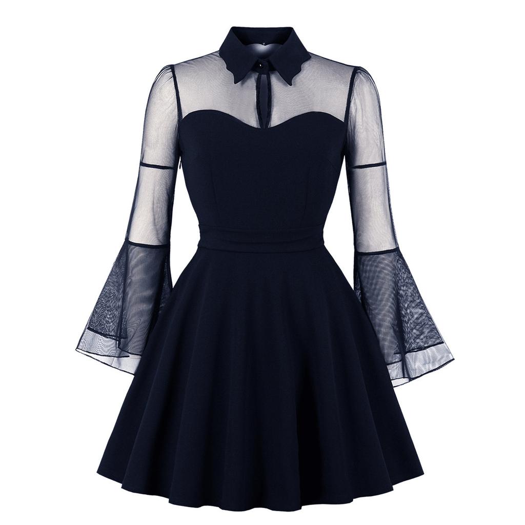 Women  Color Long Sleeve Retro Dress Gothic Flare Sleeve Stitching Dress