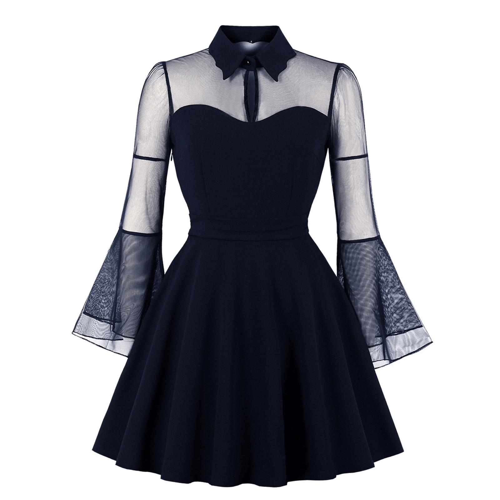 Women s Vintage Gothic Dress Long Sleeve Mesh Splice Flared Sleeve Mini Dress with Collar and Keyhole Detail XXXL тёмно-синий