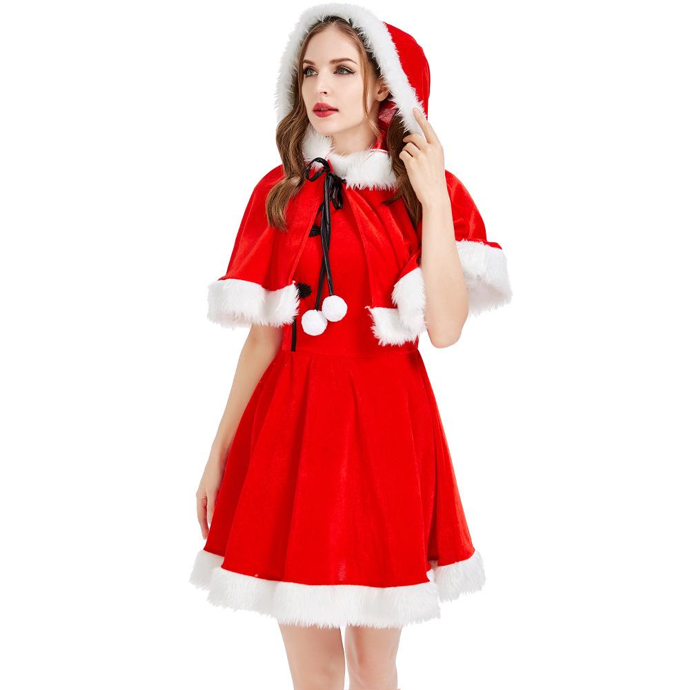 Adult Women Christmas Xmas Velvet Hooded Shawl Cloak Dress Set New Year Halloween Role Play Dress Up Cosplay Costume