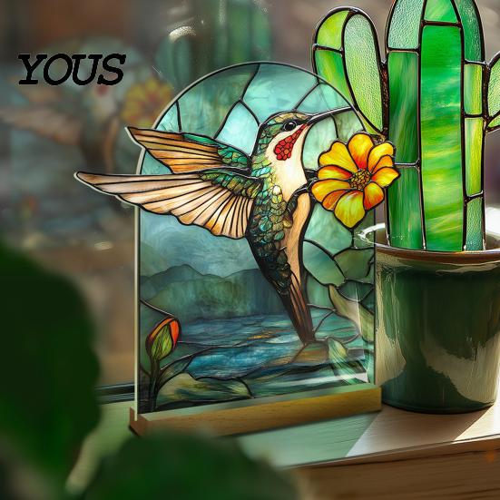 Stylish Interior Ornament Stained Glass Style Acrylic Table Centerpieces, Floral & Landscape Pattern Durable Desk Tabletop Sign with Wood Base