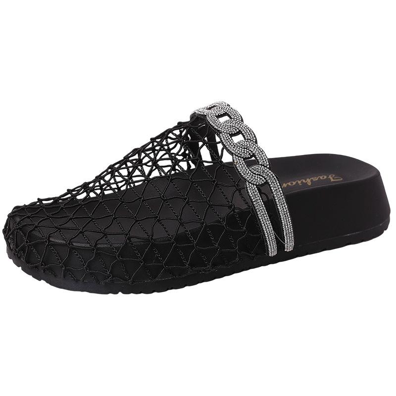 Hollow Rhinestone Baotou Fishing Net Sandals Heavy Industry Baotou Slippers Women's 2025 Summer New Fashion Cool Slippers