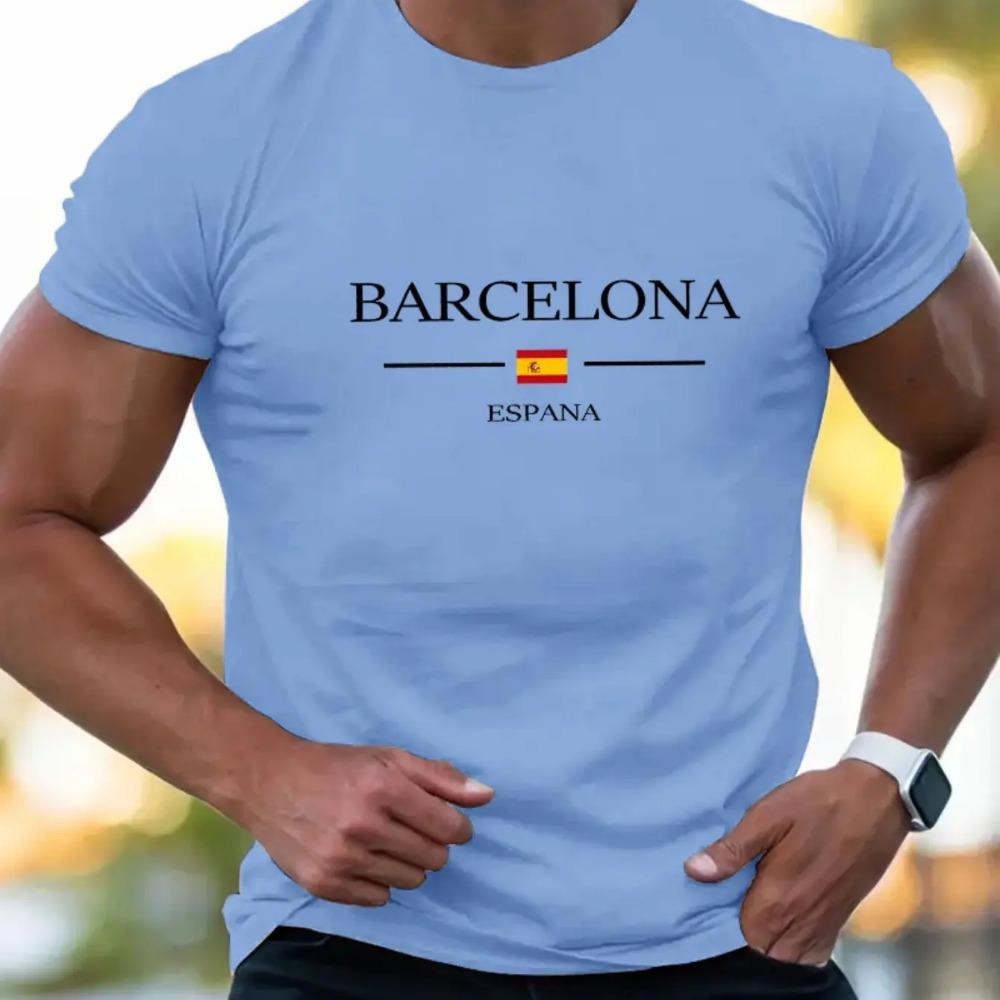 Summer Men's 100% Pure Cotton Casual Loose Plus Size Fashionable Barcelona Letter Printed Round Neck Short Sleeved T-shirt Top