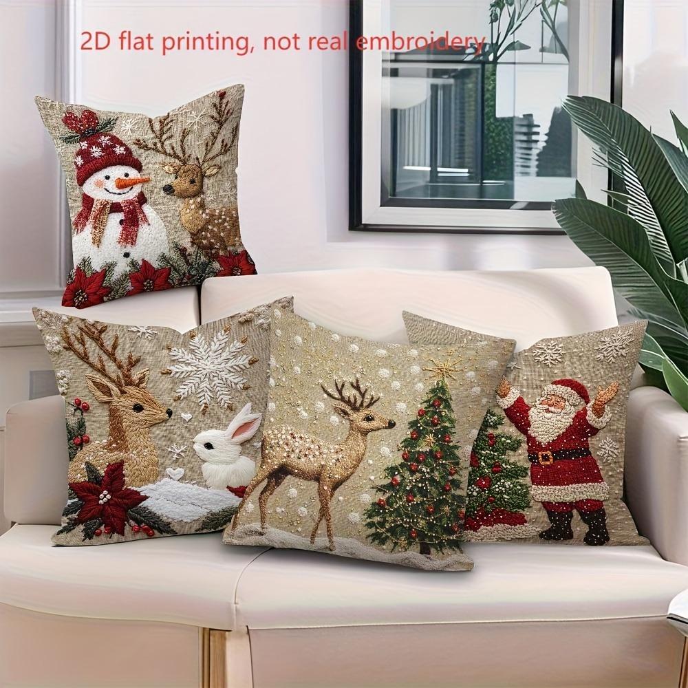 Christmas Pillowcase: Snowman, Reindeer, Bunny and Santa Claus Pattern New Year Home Decoration 2d Flat Printing